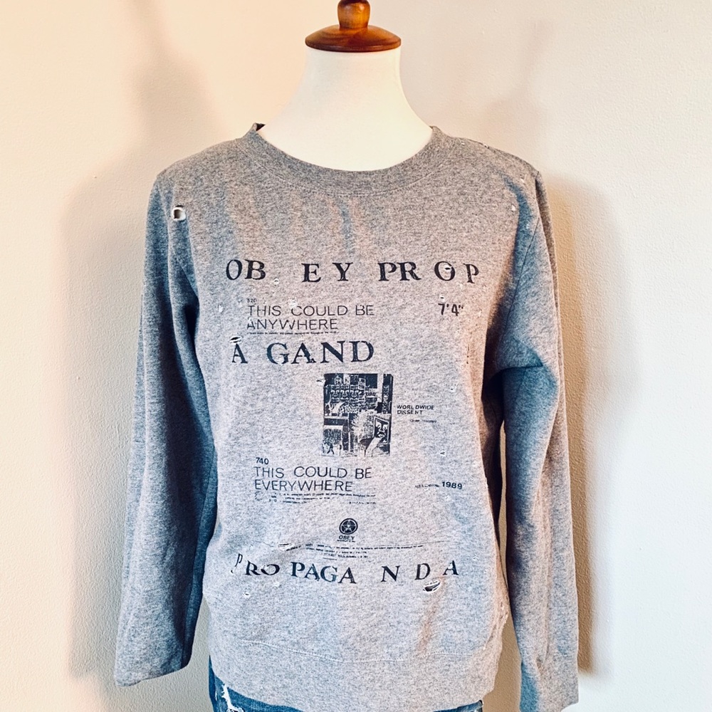 Obey Distressed Graphic Gray Pullover Sweatshirt